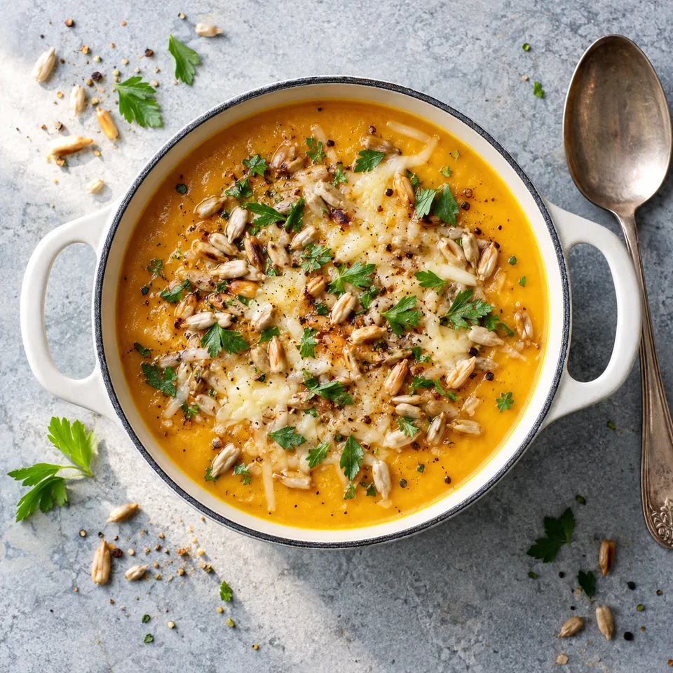 Soupe fond de frigo dans une cocotte blanche, garnie de fromage fondu et graines dorées.