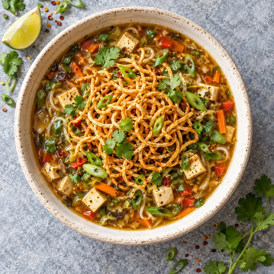 Portion de soupe manchow dans un grand bol crème : bouillon aux légumes et tofu, surmonté de nouilles de blé frites croustillantes et de ciboule.