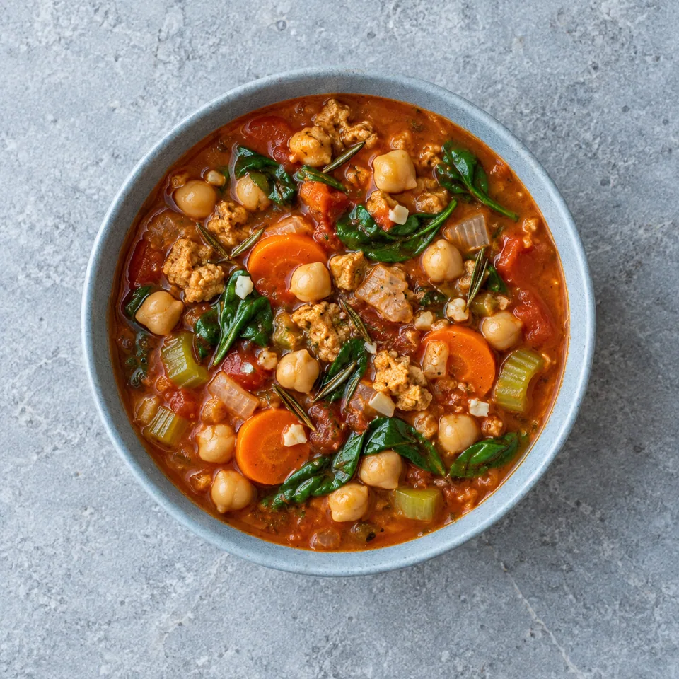 Soupe méditerranéenne de pois chiches rouge orangé, avec pois chiches, soja, légumes en morceaux et épinards dans un bol.