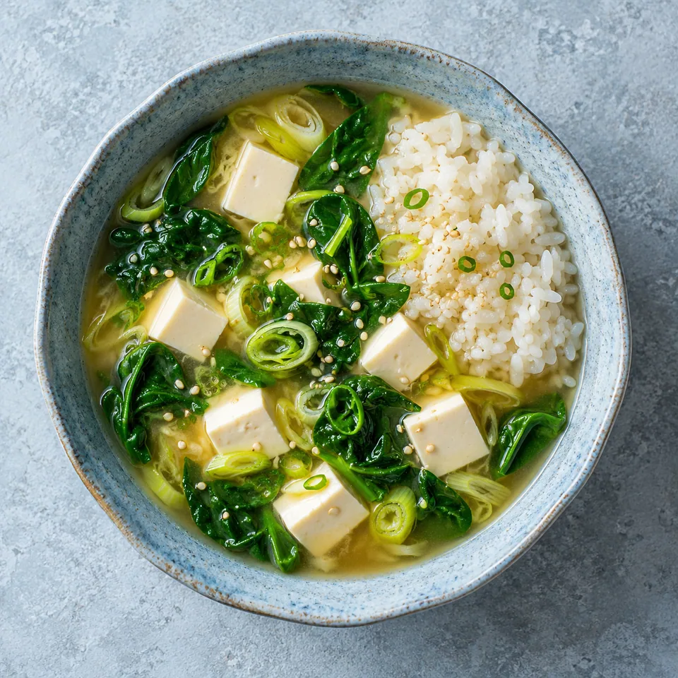 Soupe misu avec tofu, épinards et poireau dans un bol bleu-gris, accompagnée d'une portion de riz blanc.