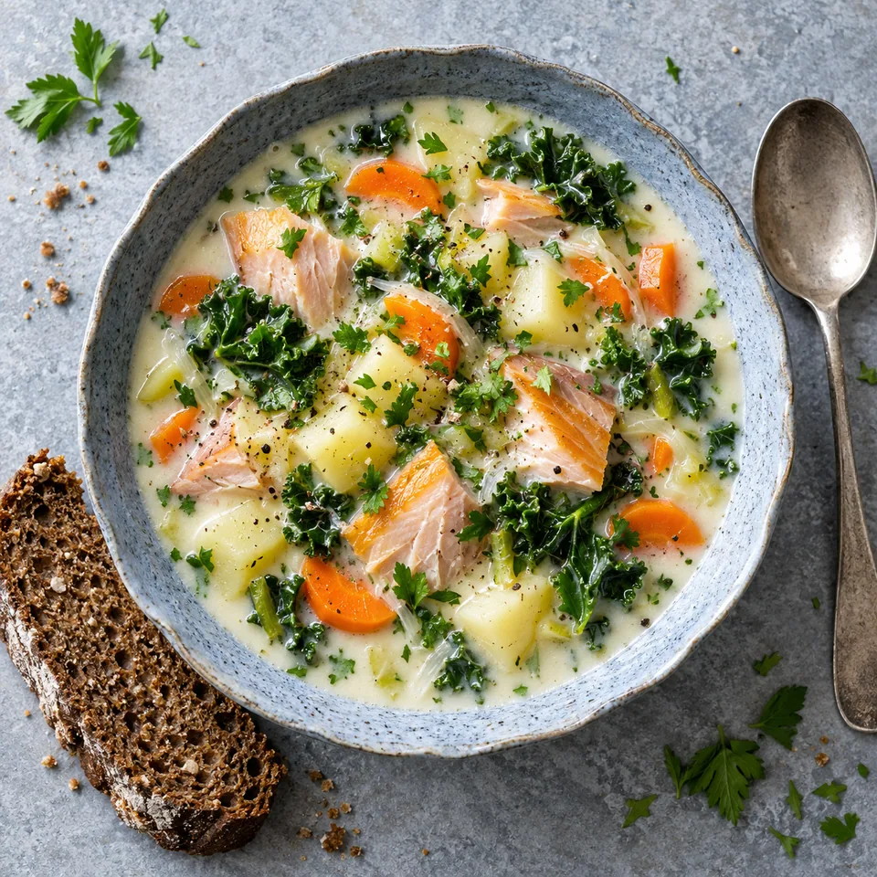 Soupe nordique au haddock, chou et carottes dans un bol en grès bleu-gris, avec pain de seigle.