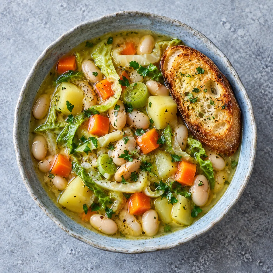 Soupe paysanne aux haricots blancs dans un bol bleu-gris, avec dés de légumes et pain grillé à l'ail.