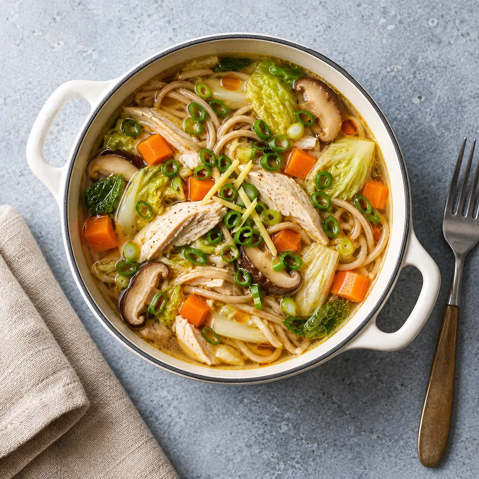 Soupe-repas au poulet, gingembre et chou chinois : poulet, carottes, chou, nouilles et oignon dans un bouillon clair, servi dans une petite cocotte blanche.
