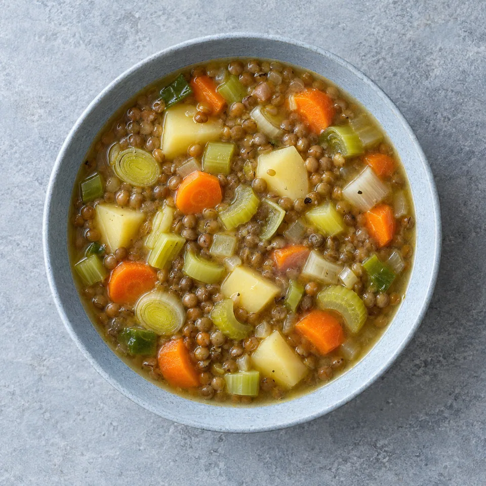 Soupe repas aux lentilles et légumes : lentilles entières, morceaux de carottes, pommes de terre, poireau et céleri dans un bouillon.
