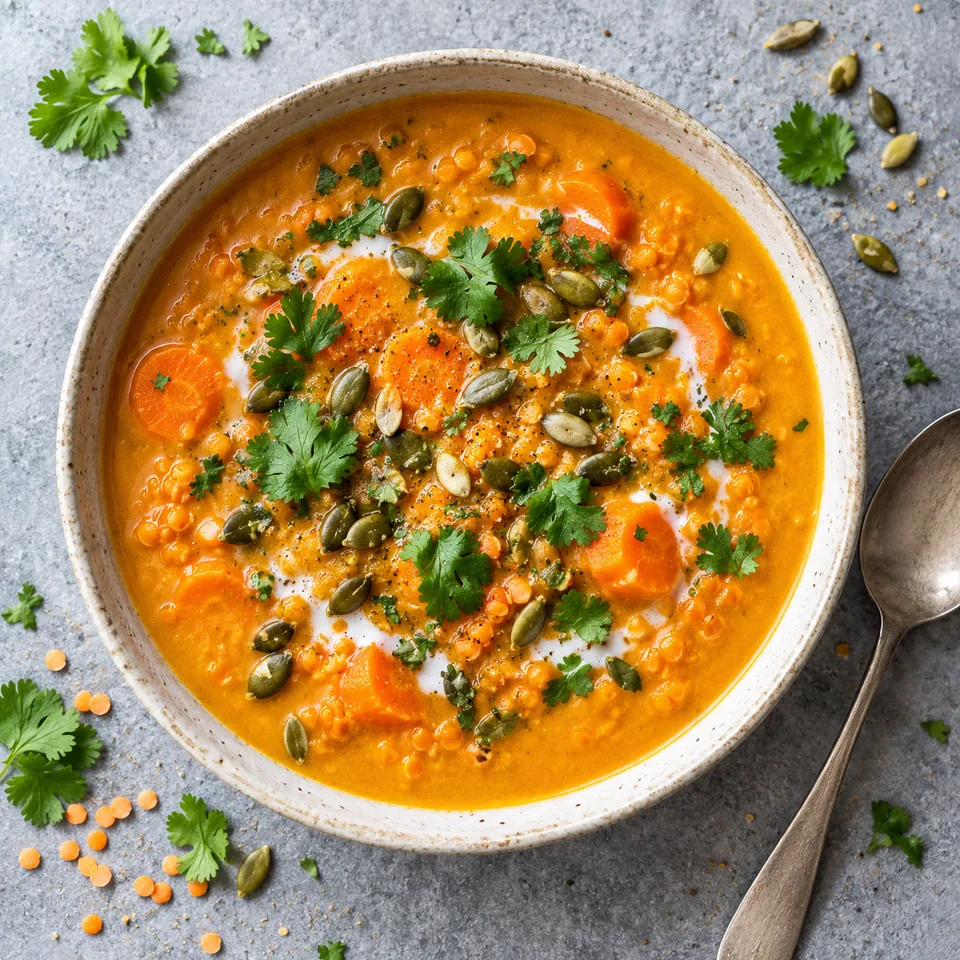 Soupe-repas de carottes au gingembre et coco dans un grand bol en grès crème, garnie de coriandre et de graines de courge.