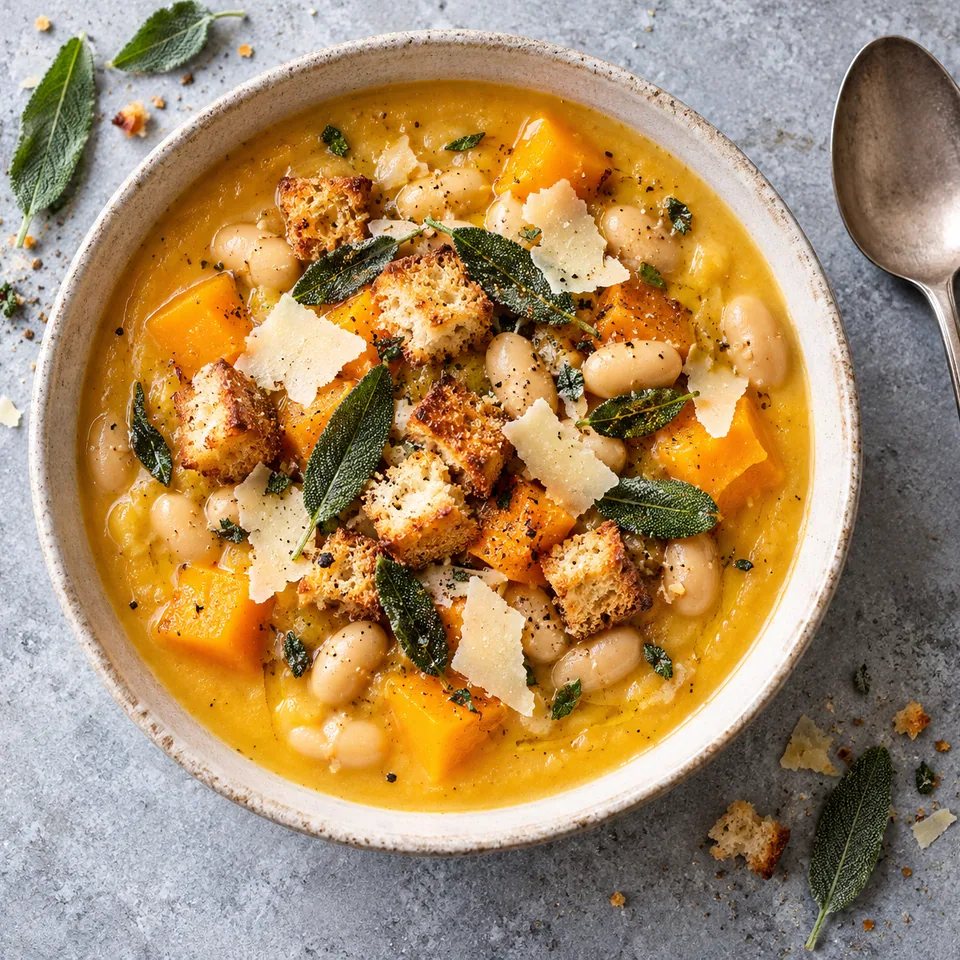 Bol de soupe de courge et haricots blancs avec croûtons dorés, fromage râpé et sauge fraîche.