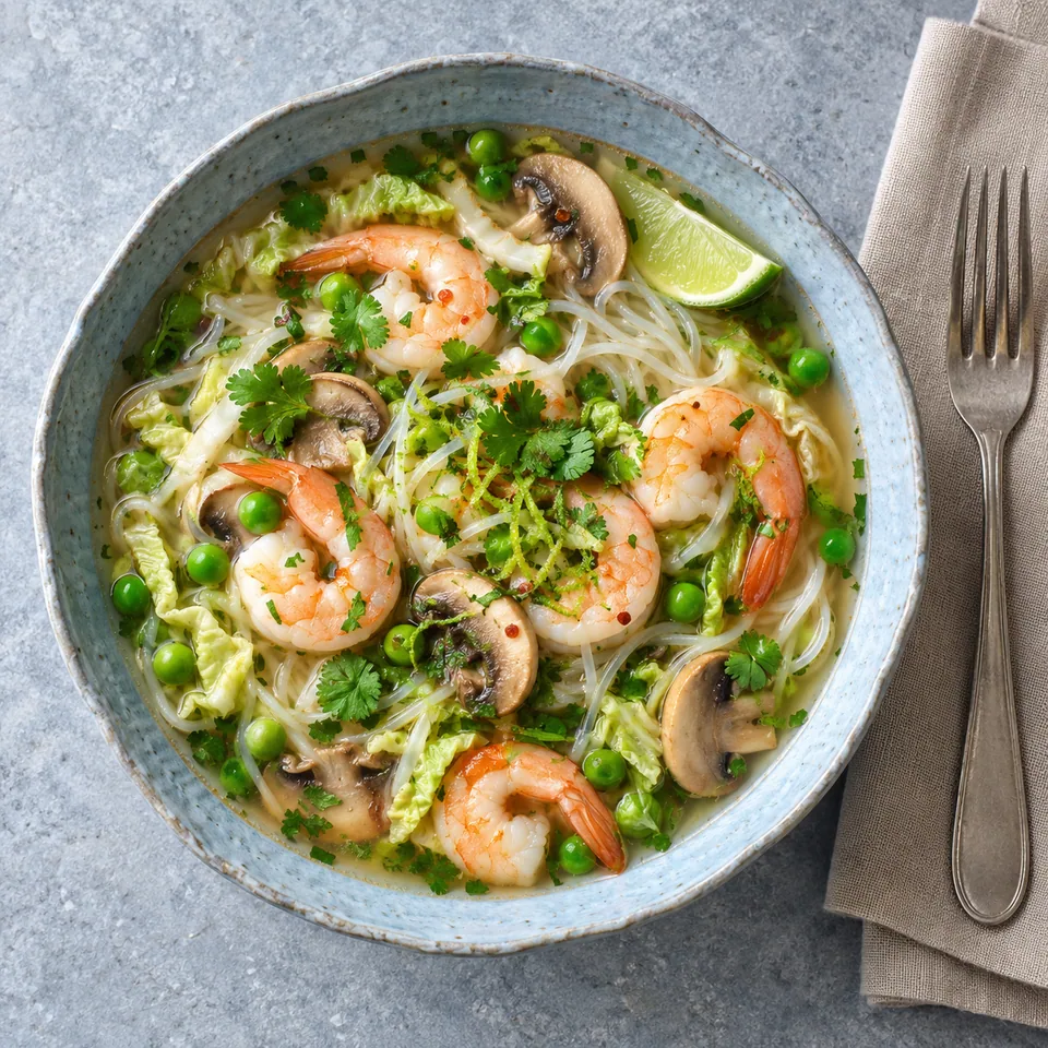 Bol de soupe thaïe aux crevettes, champignons et légumes verts avec coriandre