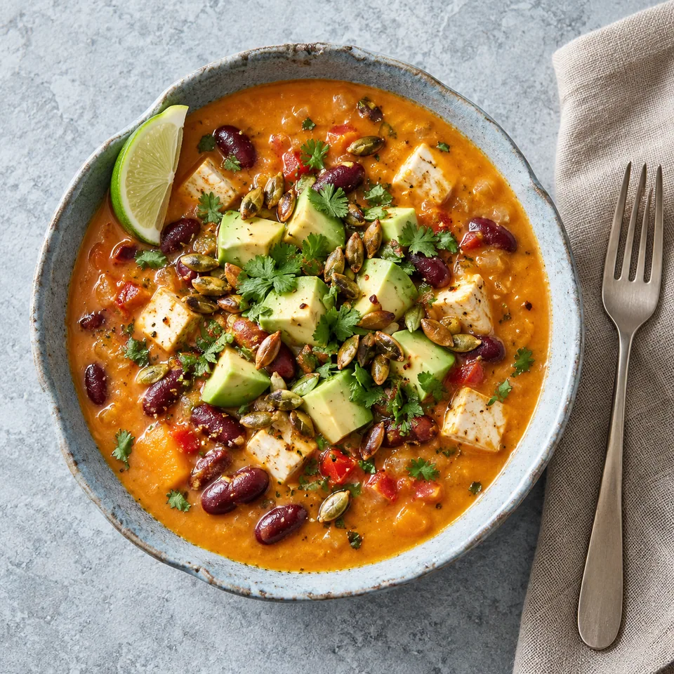 Soupe tex-mex de courge et haricots rouges dans un bol bleu-gris, garnie d'avocat, coriandre et graines de courge.