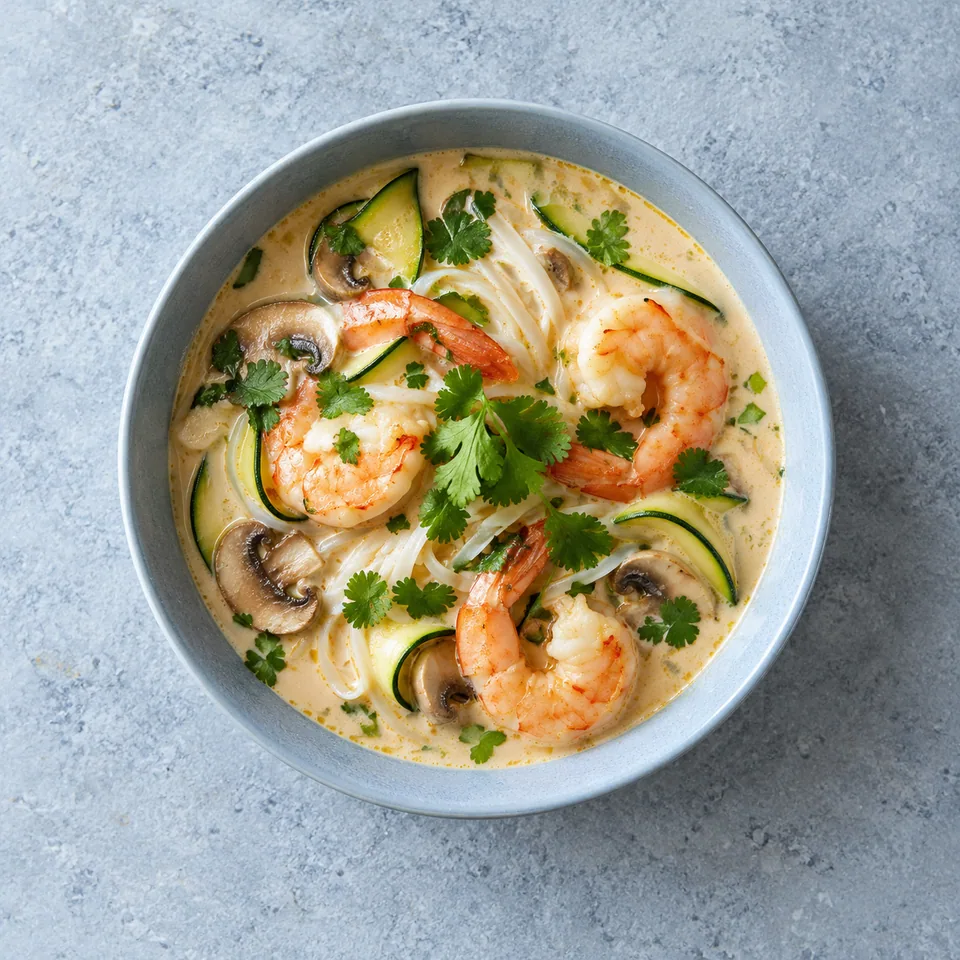 Soupe thaïe aux crevettes dans un bol, avec nouilles de riz, courgette, champignons et coriandre dans un bouillon crémeux.