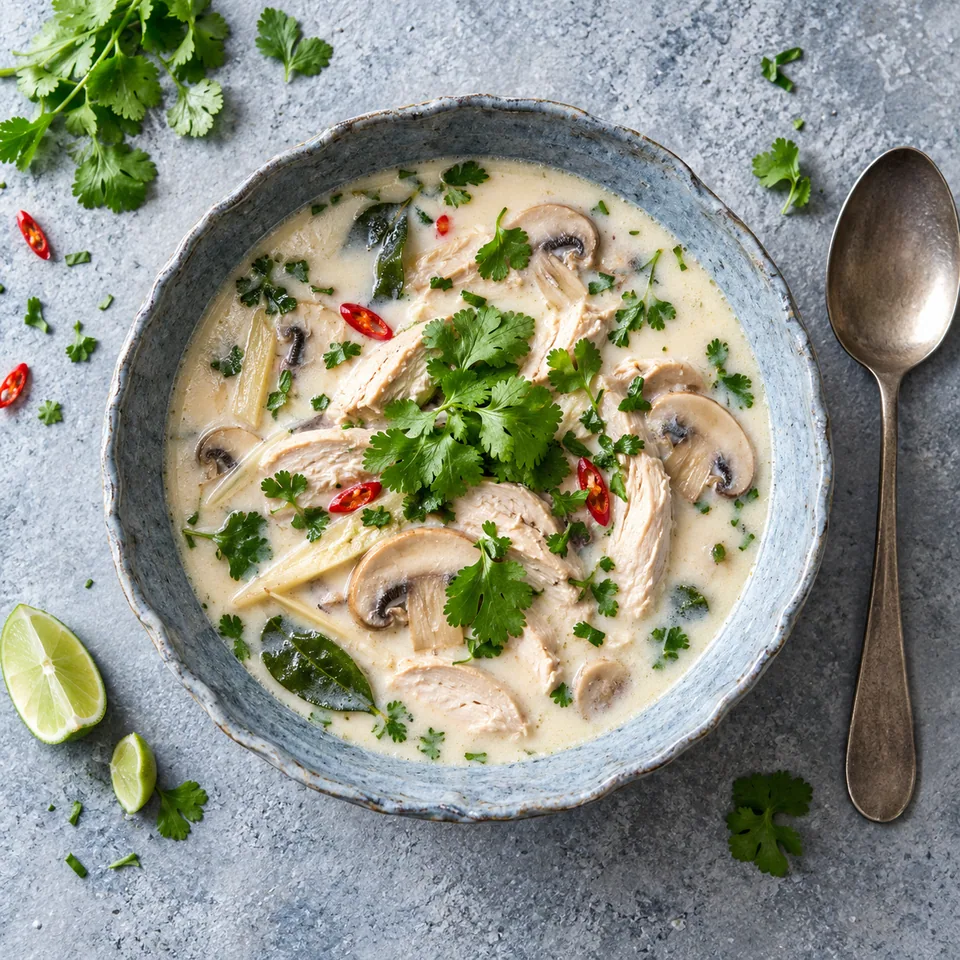 Portion de soupe tom kha au poulet et champignons dans un bol bleu-gris, garnie de coriandre fraîche.