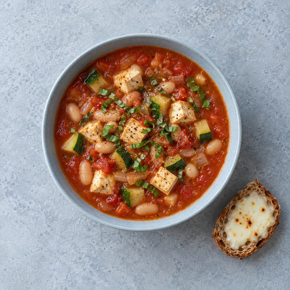 Soupe tomate, haricots blancs et tofu : bol rouge aux dés de courgette et basilic, accompagné d’une tartine de mozzarella fondue.