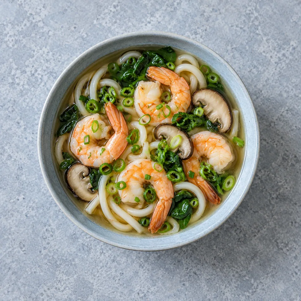 Soupe udon aux crevettes : bouillon clair avec crevettes roses, nouilles, champignons, épinards et ciboule.