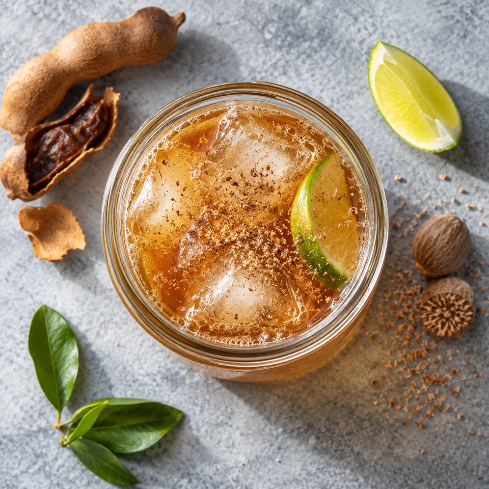 Sour au tamarin et au rhum ambré dans un bocal en verre avec glaçons et muscade râpée.