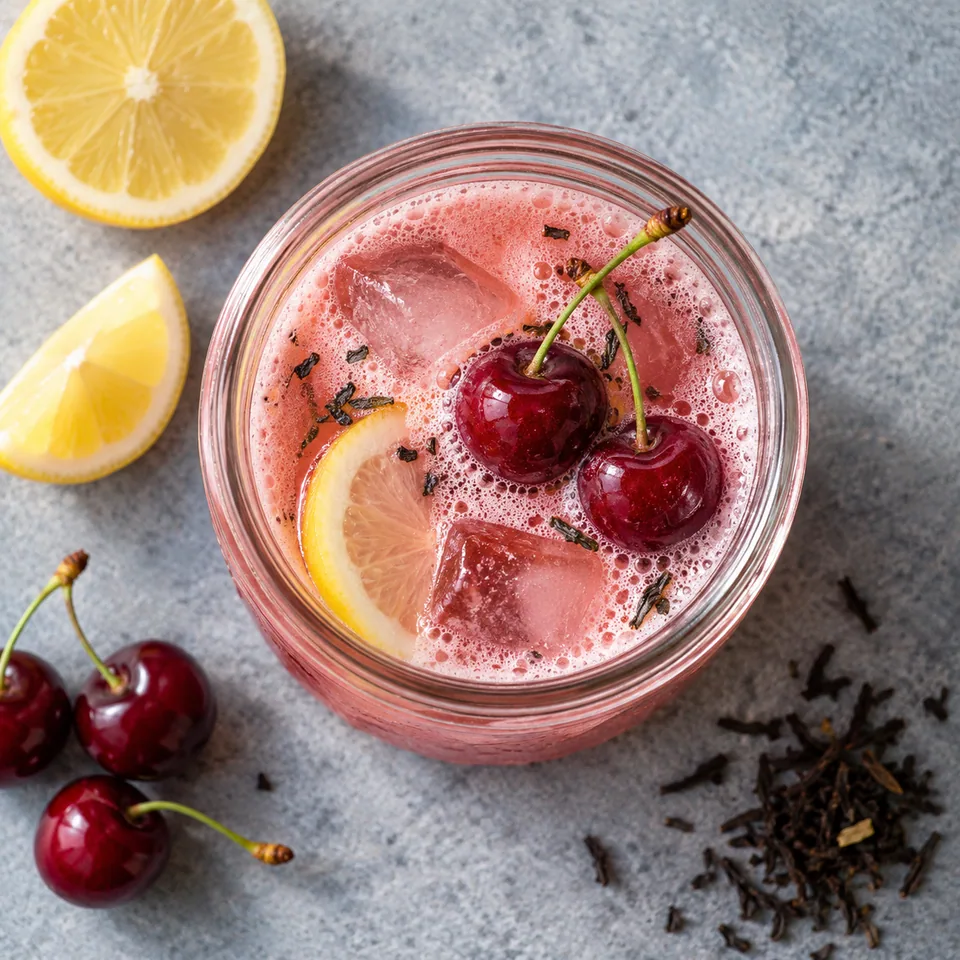 Sour cerise, citron et thé noir sans alcool dans un bocal en verre, garni de cerises.