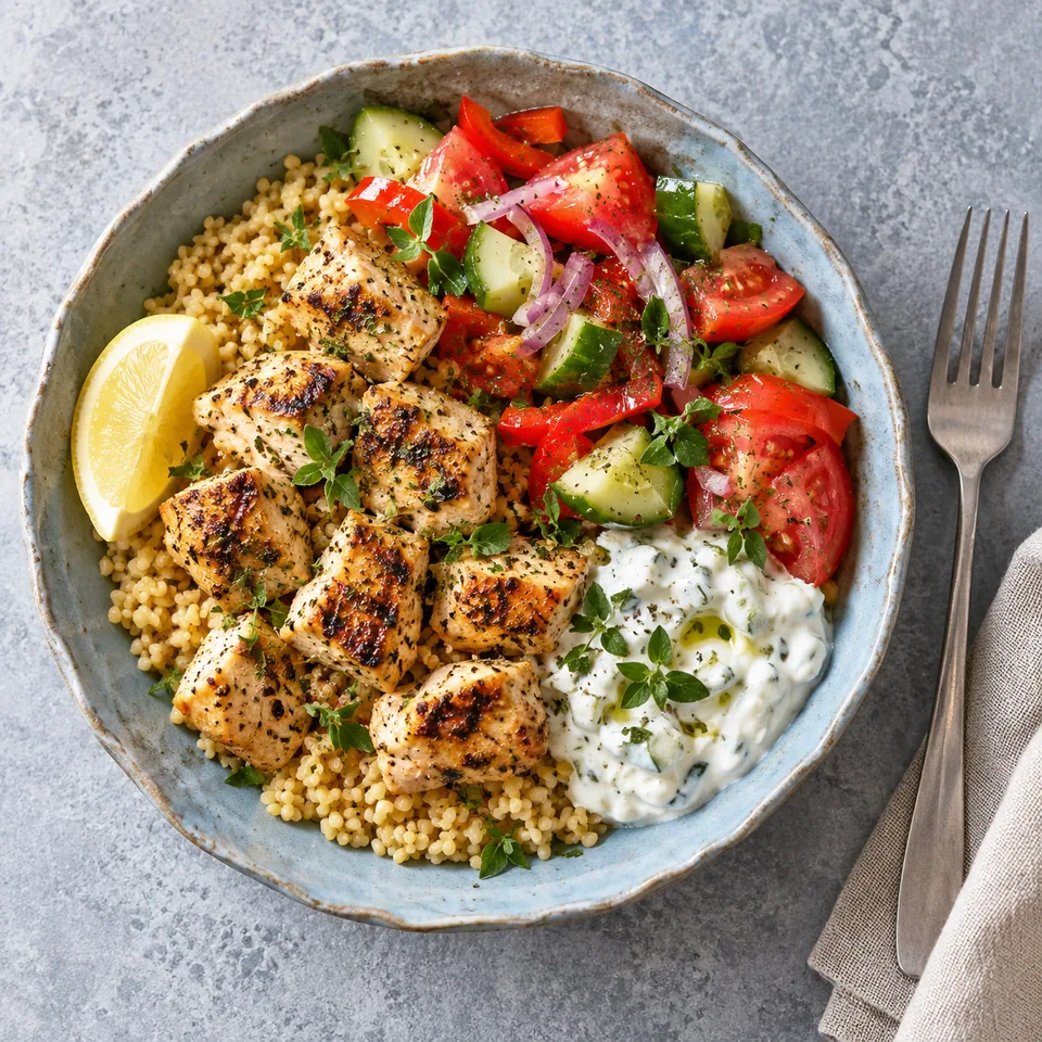 Souvlaki de dinde citron-origan, salade de tomates : bol de boulgour, dés de poulet grillé, tomates et tzatziki.