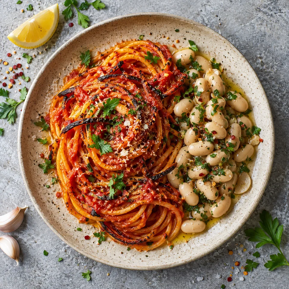 Assiette de spaghetti à l'assassine sauce tomate avec haricots blancs et persil frais