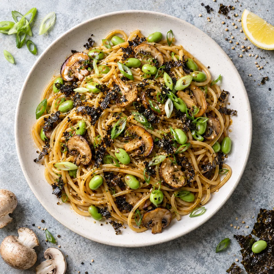 Spaghetti à la japonaise aux champignons et edamame, nappés de sauce soja, garnis de ciboule et nori, sur assiette blanche.