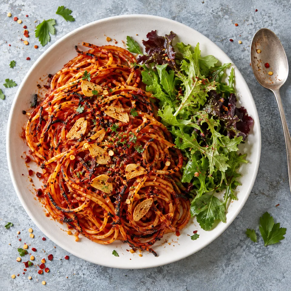 Assiette de spaghetti all'assassina grillés à la tomate et piment, accompagnés de salade verte vinaigrée.