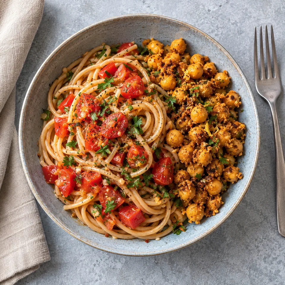 Assiette de spaghetti alla carrettiera avec tomates et pois chiches croustillants dorés.