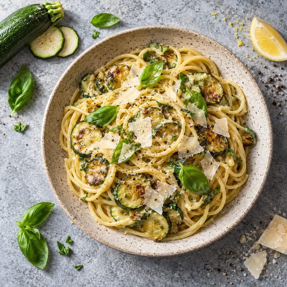 Spaghetti alla Nerano aux courgettes sur assiette beige, sauce crémeuse, copeaux de fromage et basilic frais.