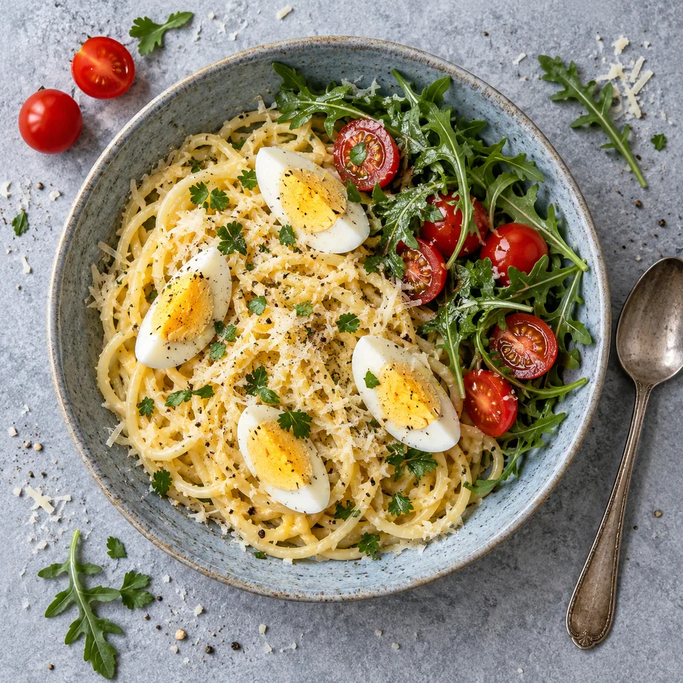 Assiette de spaghetti alla poverella aux œufs et parmesan, accompagnée de salade roquette-tomates cerises.