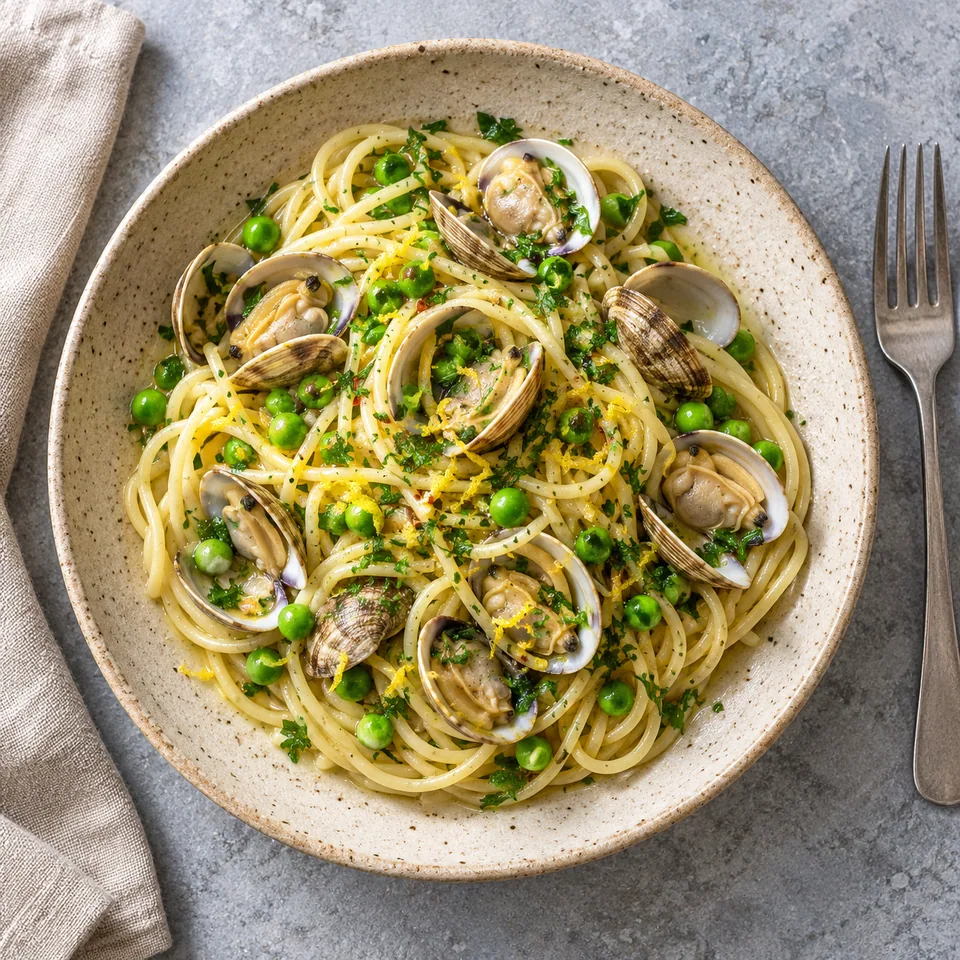 Assiette de spaghetti aux palourdes et petits pois, sauce brillante, persil et zestes de citron.