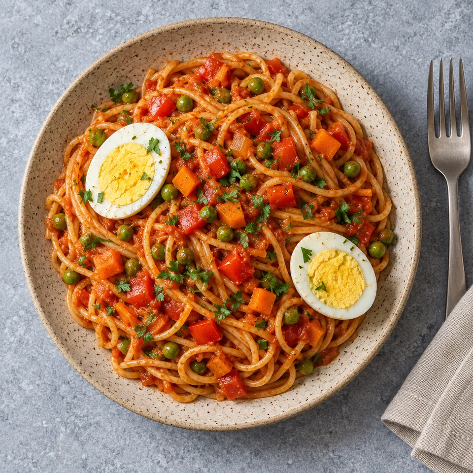 Assiette de spaghetti jollof aux légumes et œufs durs, sauce rouge, carottes, pois verts et œufs coupés en deux.