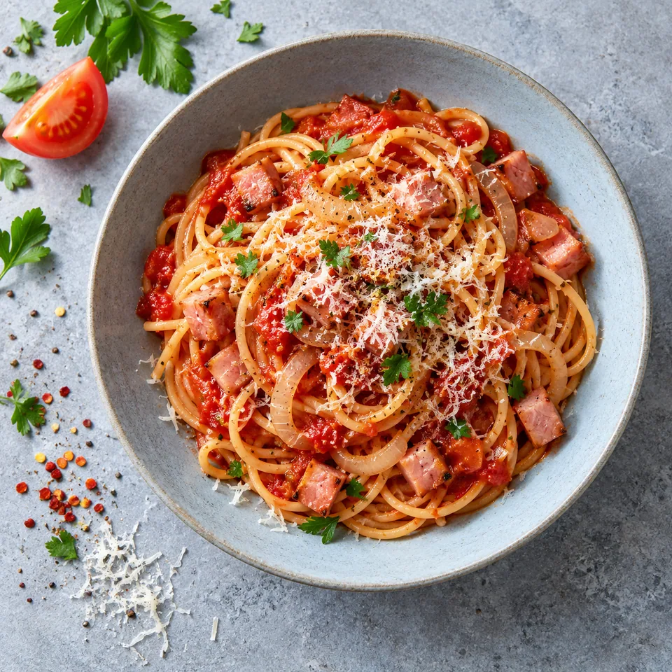 Assiette creuse bleu-gris contenant des spaghettis à l'amatriciana de dinde fumée, sauce tomate, dés de viande et parmesan.