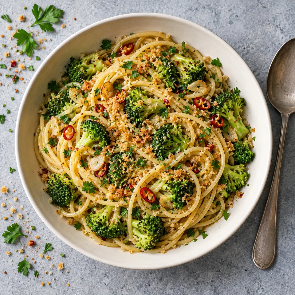 Spaghettis aglio e olio au brocoli et piment dans un bol blanc cassé, garnis de persil et de chapelure dorée.