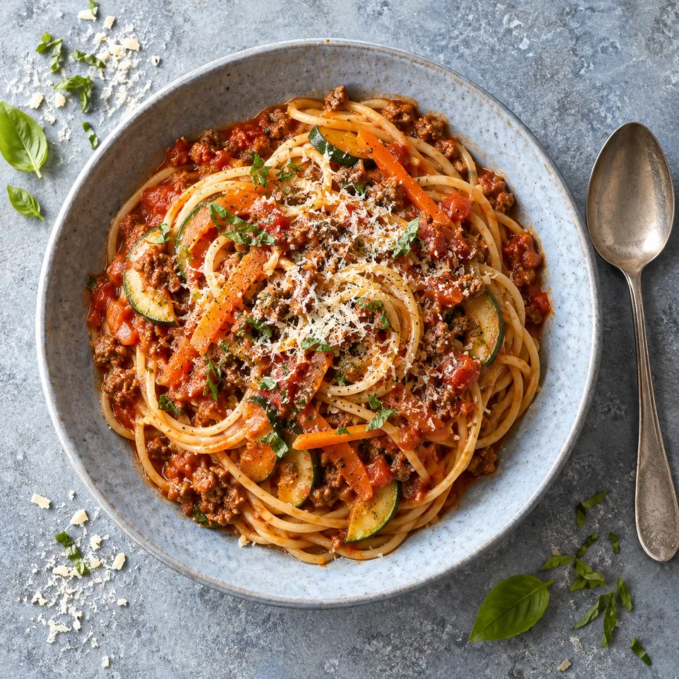 Assiette de spaghettis bolognaise aux légumes fondants, sauce rouge, carottes et courgette râpées, parsemé de parmesan.