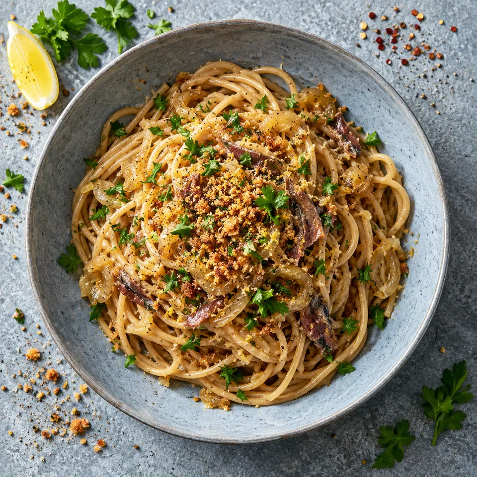 Assiette de spaghettis complets aux oignons et anchois, garnis de persil et chapelure dorée.