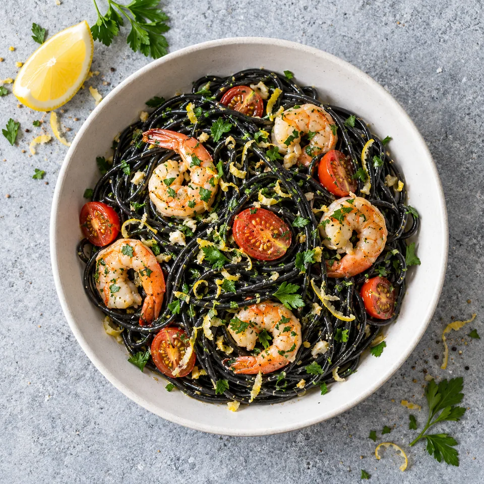 Spaghettis noirs aux crevettes et citron dans un bol blanc cassé, garnis de persil et de tomates cerises.