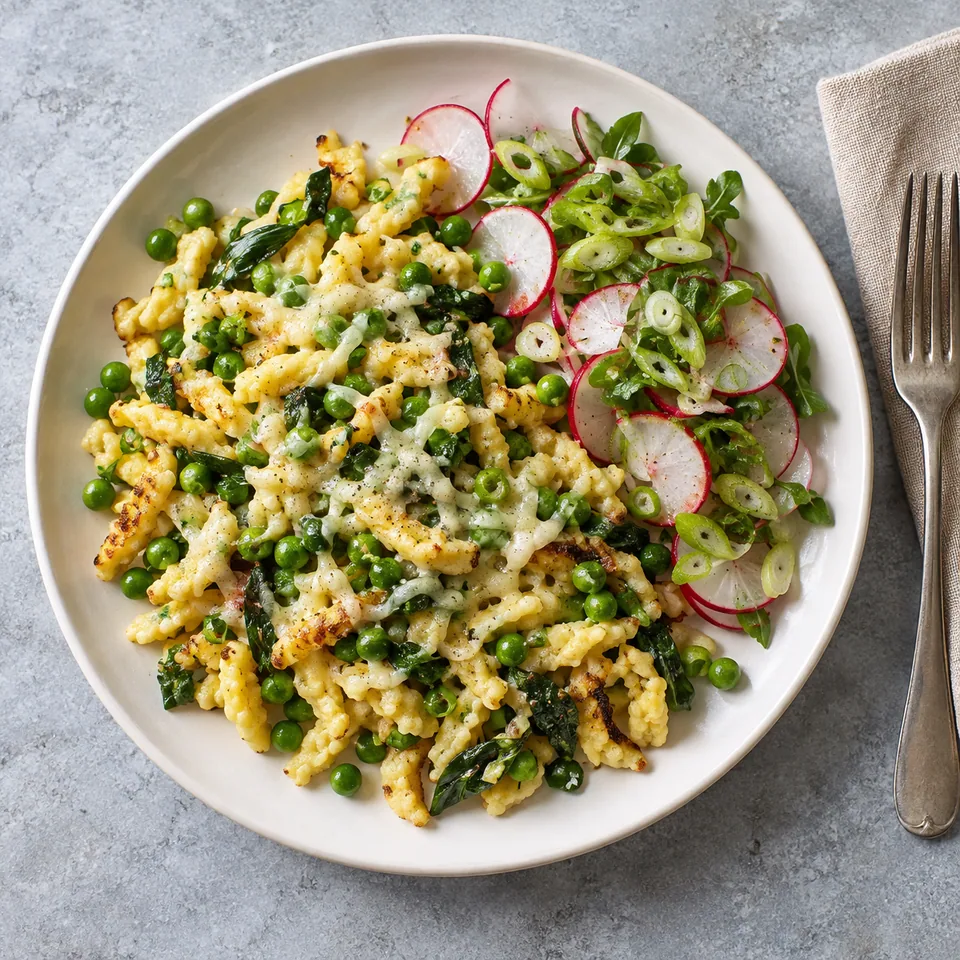 Spätzle aux petits pois et à l’ail des ours avec salade de radis sur assiette blanche