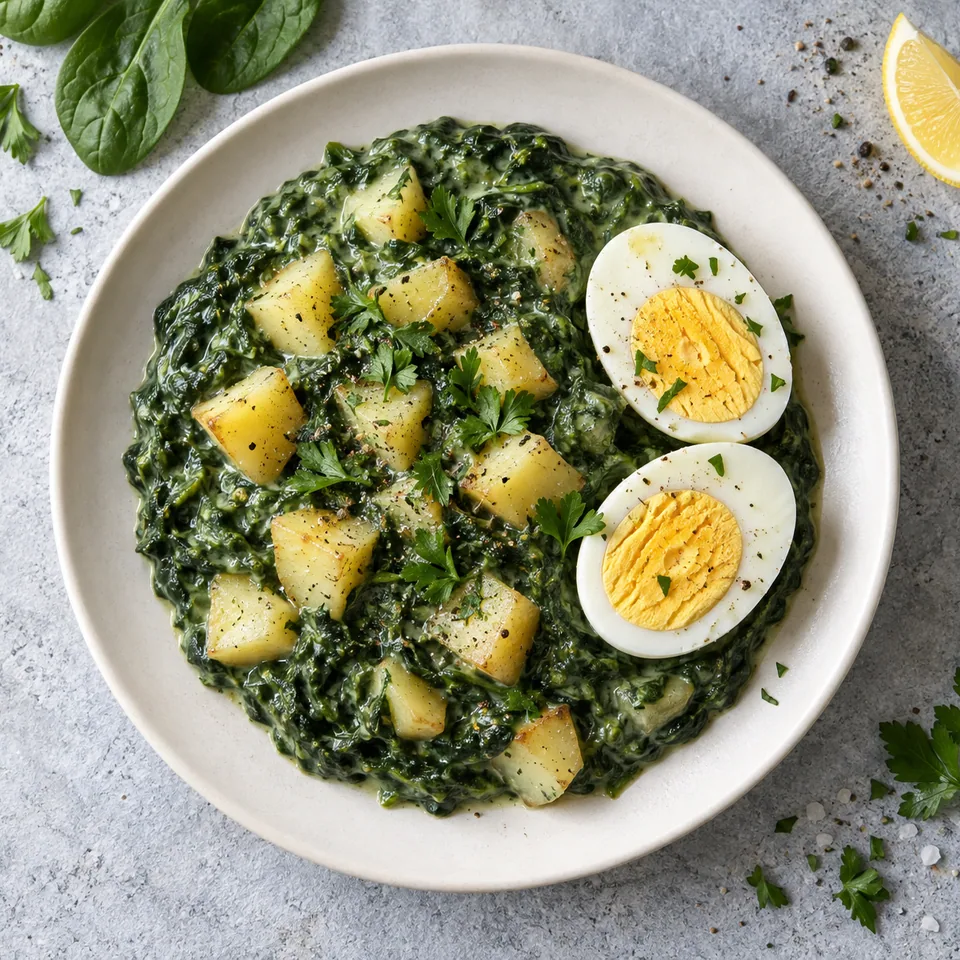 Spenótfőzelék : crème d'épinards verte avec dés de pommes de terre et deux moitiés d'œuf dur sur assiette blanche.
