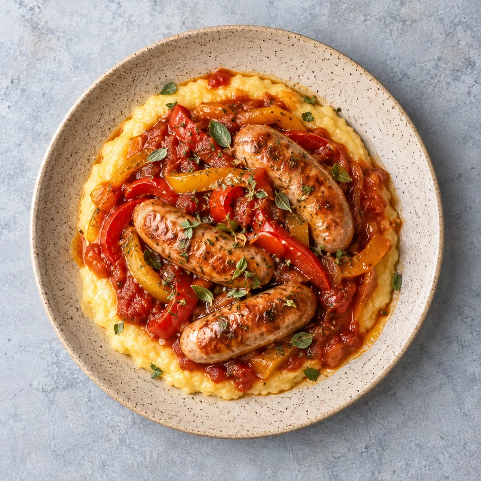 Assiette de Spetzofai : polenta, saucisses dorées et poivrons en sauce tomate rouge sur grès beige.