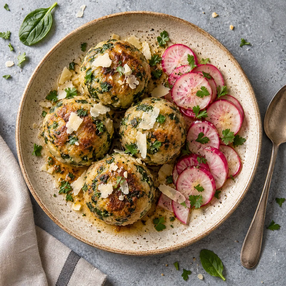 Spinatknödel dorés nappés de beurre noisette et fromage, accompagnés de radis roses tranchés sur assiette beige.