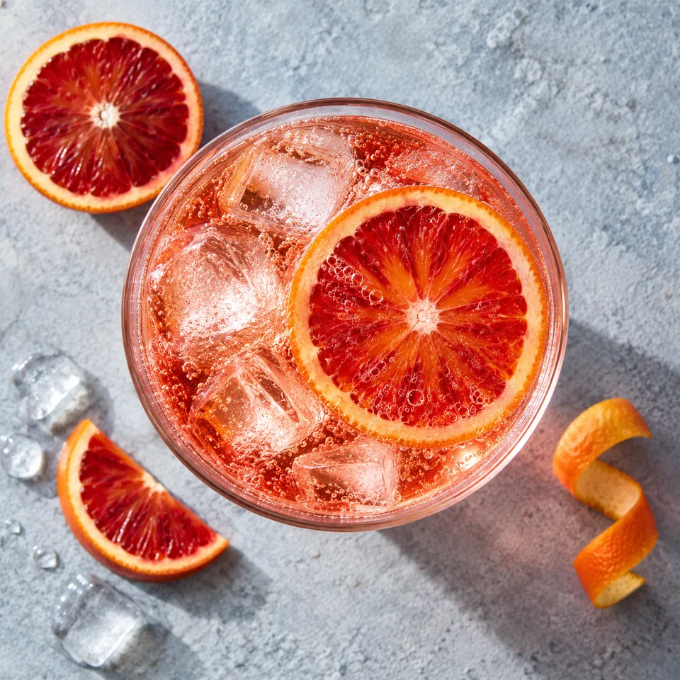 Spritz à l’orange sanguine dans un grand verre transparent, glaçons, liquide rosé pétillant et rondelle d'orange sanguine en garniture.