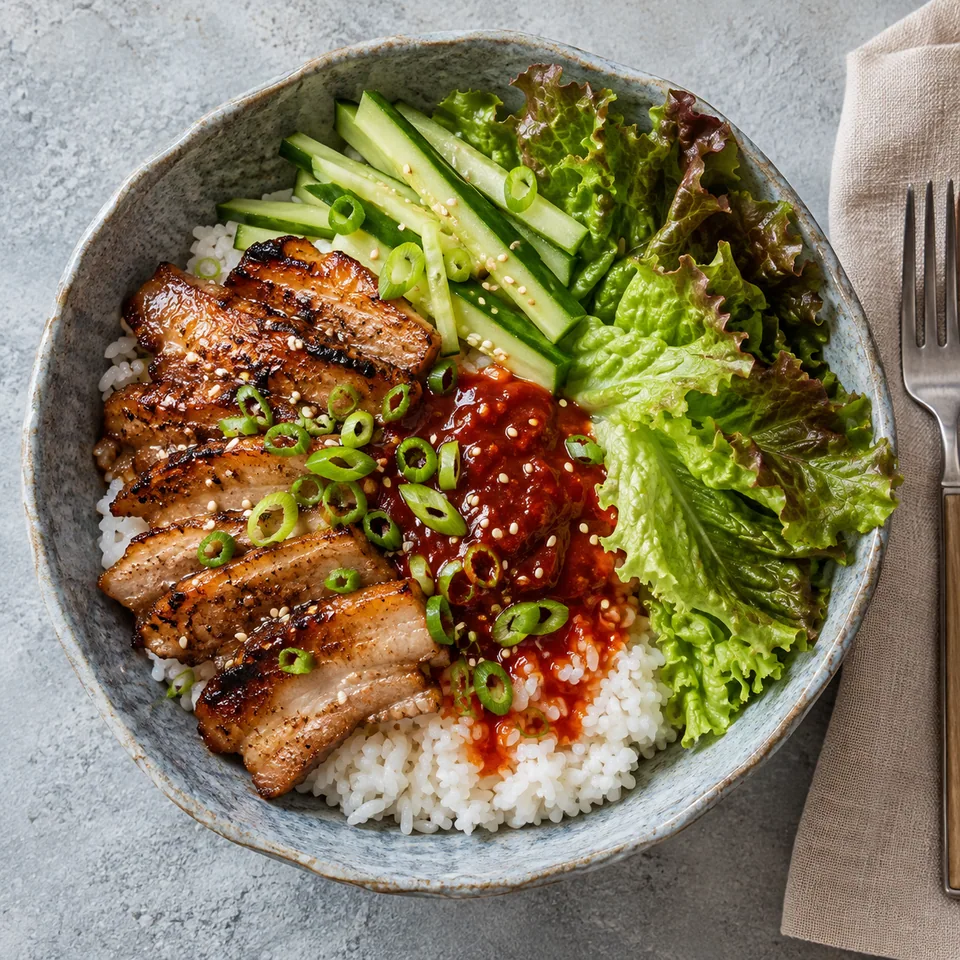 Ssam de porc grillé, riz et sauce gochujang dans un bol en grès bleu-gris, garni de porc doré, concombre vert et sauce rouge brillante.