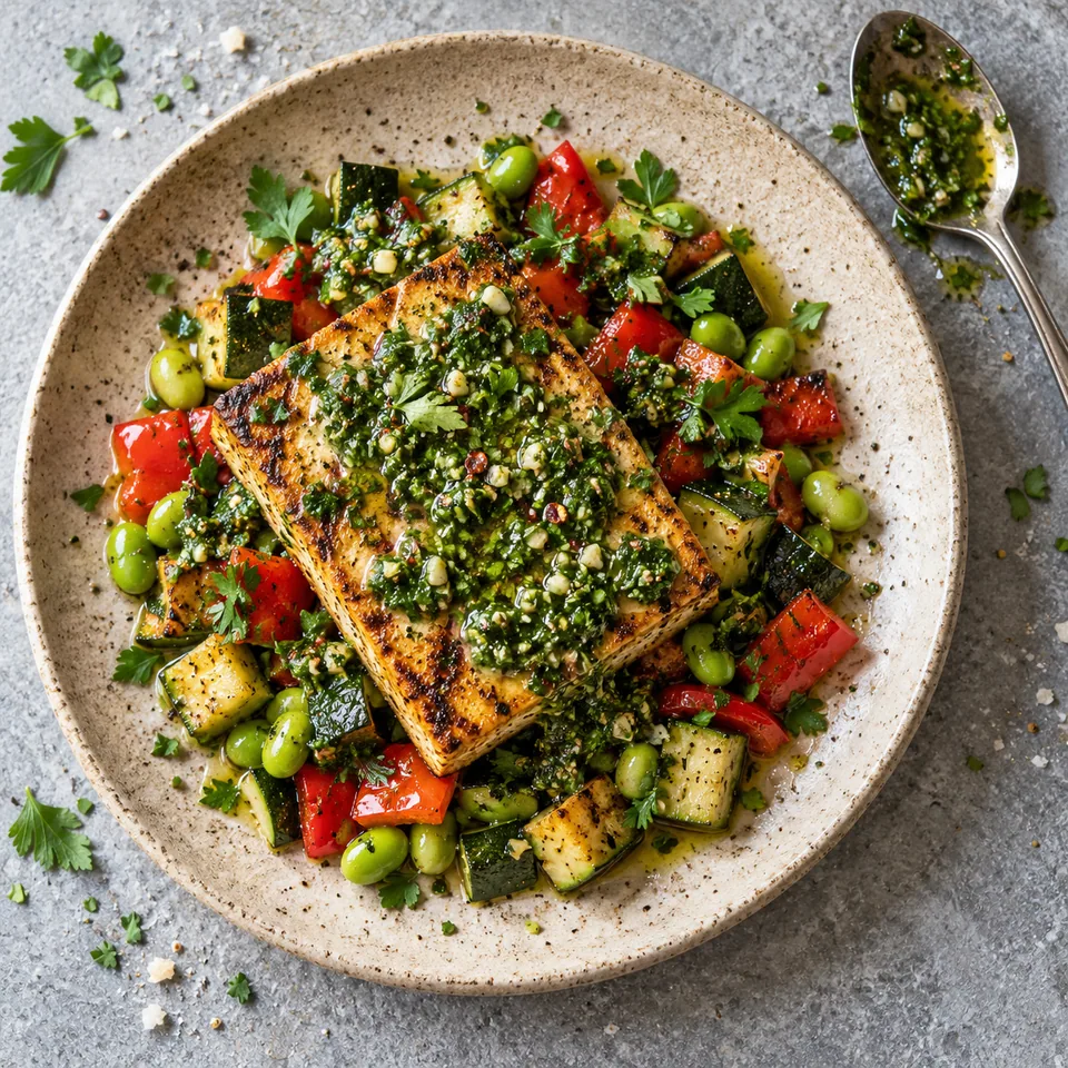 Steak de tofu grillé sur légumes poêlés, nappé de chimichurri vert sur assiette beige.