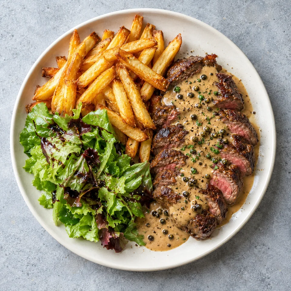 Steak frites au four sauce poivre : tranches de viande nappées, frites dorées et salade balsamique sur assiette blanche.