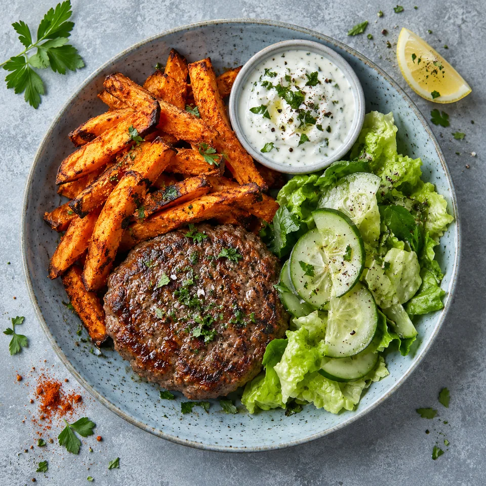 Steak haché aux herbes et frites de patate douce sur assiette bleue, avec salade et sauce yaourt.