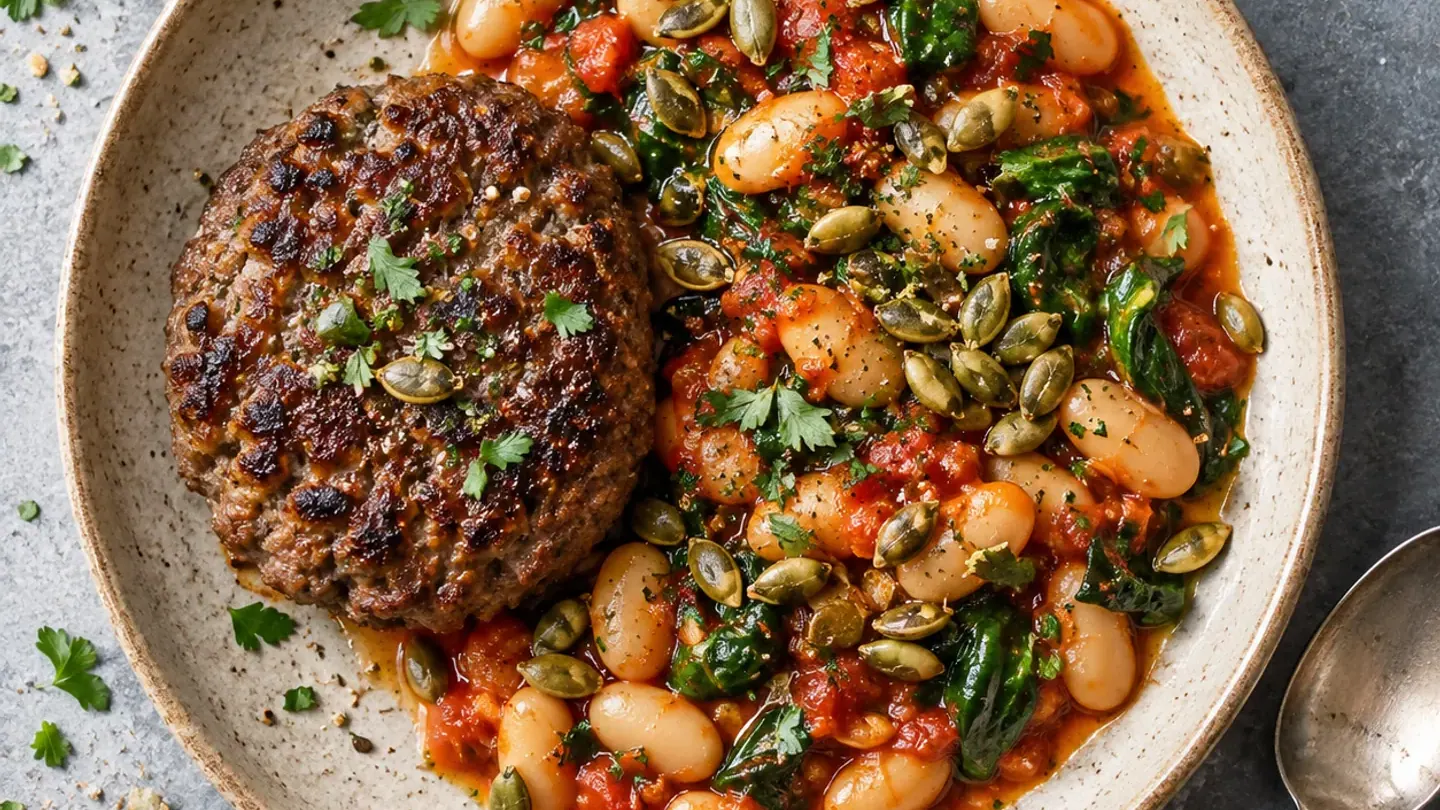 Steak haché, haricots blancs à la tomate