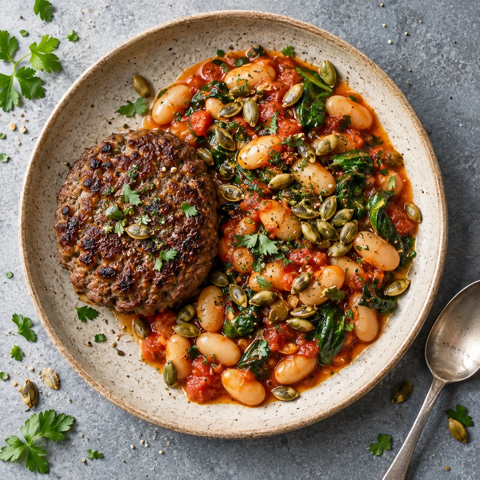 Steak haché et haricots blancs à la tomate sur assiette beige, garnis de graines de courge.