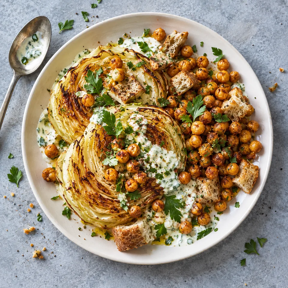 Steaks de chou rôtis, pois chiches et yaourt à l’ail : chou doré, pois chiches épicés, sauce yaourt et pain de campagne sur assiette blanche.