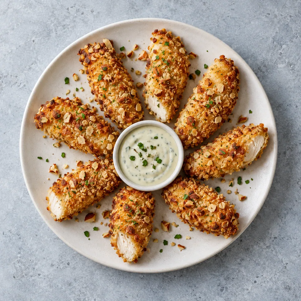Assiette de 8 sticks de poulet panés à l'amande dorés, disposés en éventail sur une assiette blanche.