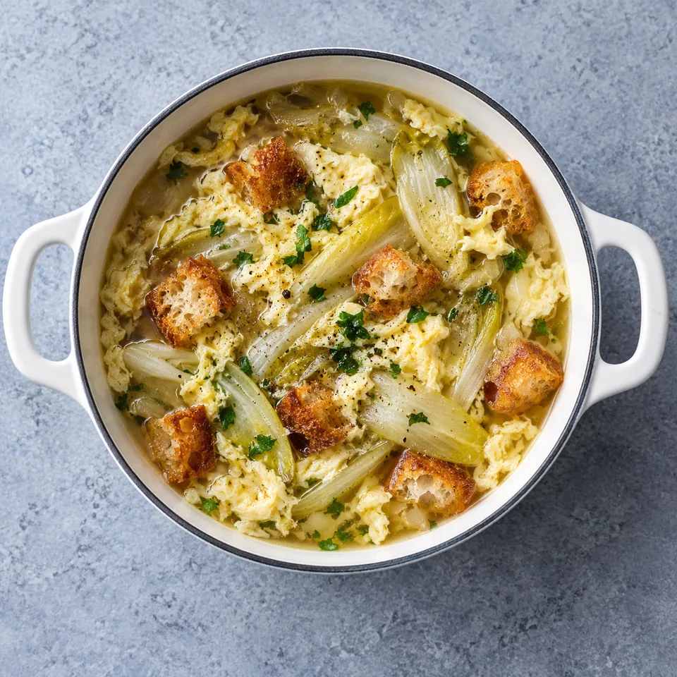 Stracciatella romana aux endives dans une petite cocotte blanche, garnie de croûtons dorés.