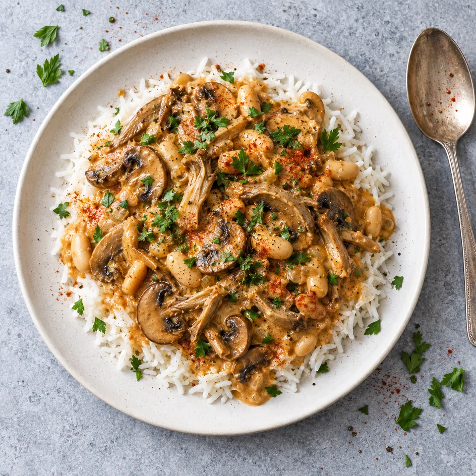 Stroganoff de champignons au paprika sur riz basmati, garni de persil dans une assiette blanche.