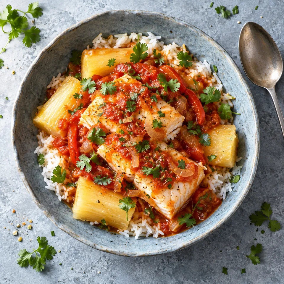 Sudado de poisson au riz et manioc : pavés de cabillaud en sauce tomate sur riz et manioc, parsemé de coriandre.