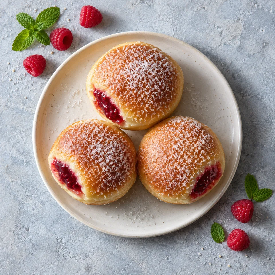 Trois sufganiyot dorés saupoudrés de sucre avec un cœur de confiture rouge visible, sur une assiette blanche.