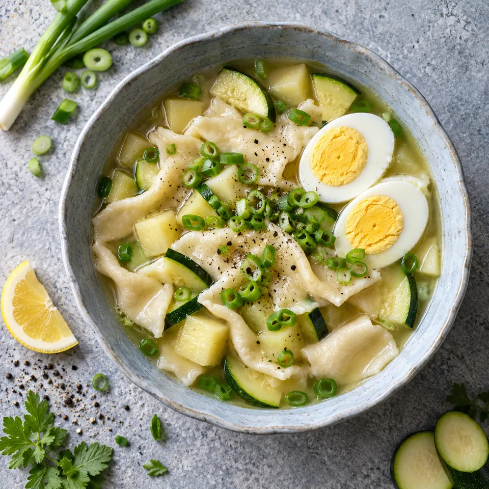 Sujebi, soupe coréenne à la courgette dans un bol en grès, avec pâte, légumes et œuf dur.